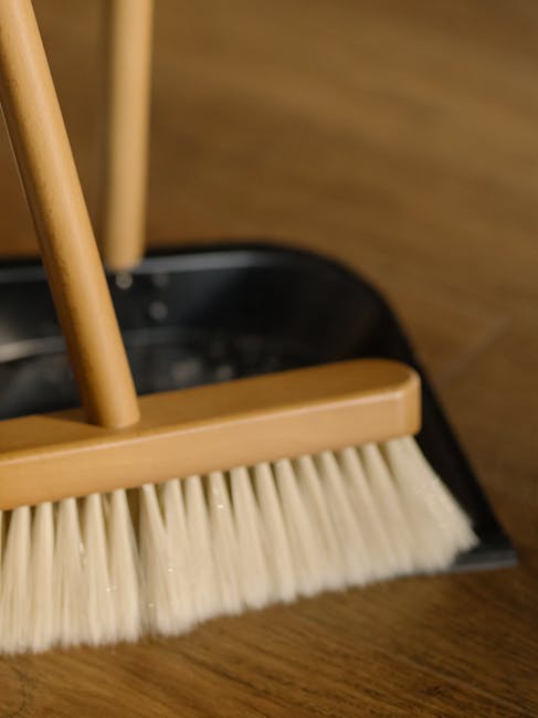 Close-up of a dustpan with a wooden handle and a cream-colored bristle brush, positioned on a wooden floor. The image highlights routine surface cleaning, with the surface appearing clean and dry, ill